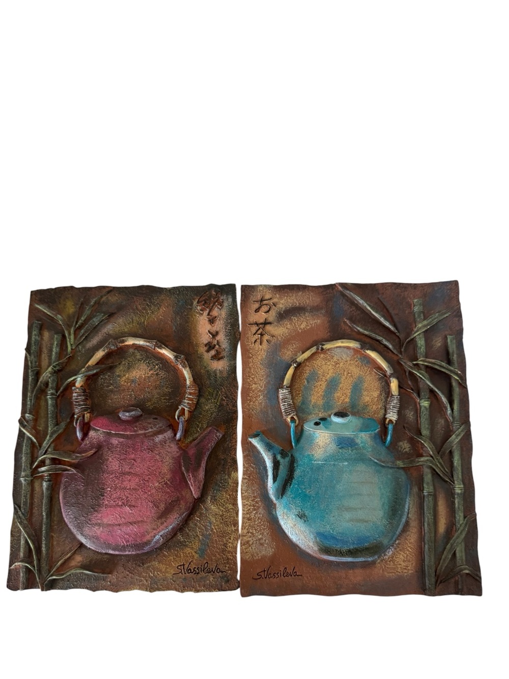Teapot Wall Plaque Set - Blue and Pink